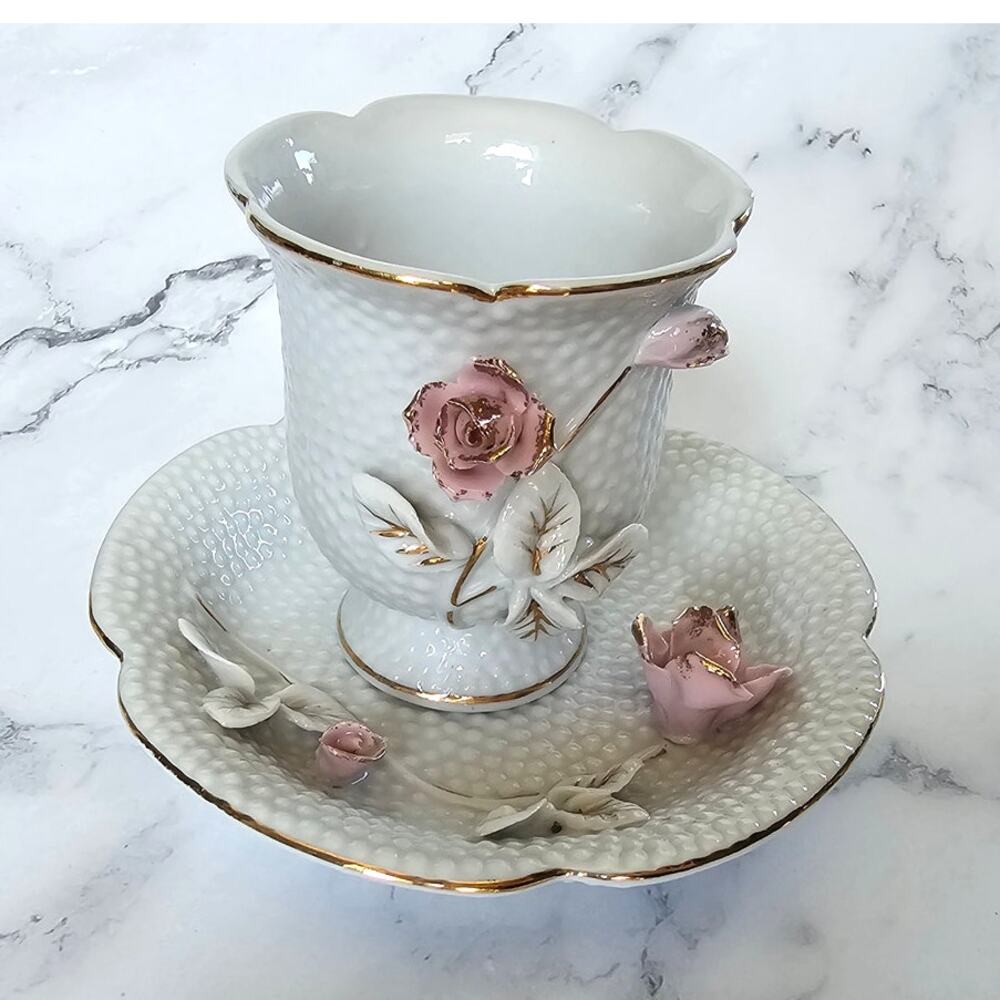 Vintage Hand Painted Japan Pink Rose Tea Cup Saucer Applied Flowers Gold Trim